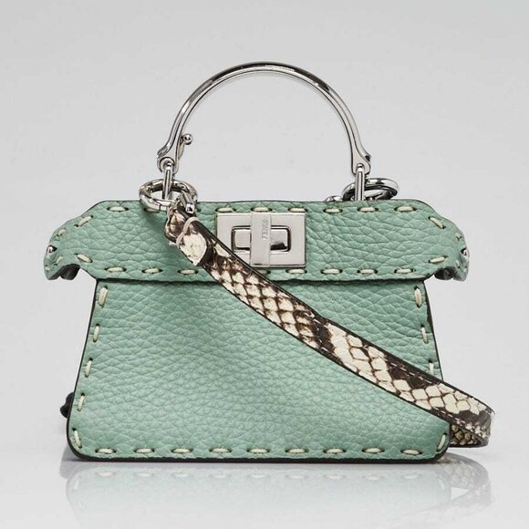 Fendi Menta Pebbled Leather/Snakeskin Nano Peekaboo Maxi Handle Bag - 7AS106 - Picture 1 of 12